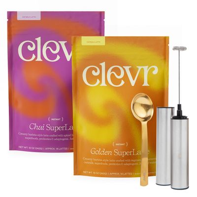 Clevr Blends Starter Kit (2-pack) Chai Tea Golden Turmeric Powder SuperLattes Instant Latte Mix Oat Milk Coconut Creamer, Lion s Mane Reishi Mushrooms, Organic Spices, Probiotics, Includes Frother