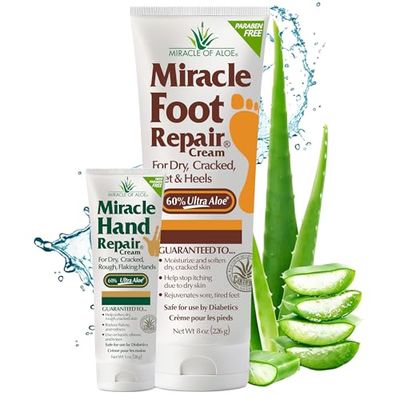 Miracle Foot Repair Cream, 8 oz 1 oz Miracle Hand Repair, Healing Aloe Vera Lotions for Dry, Cracked Hands and Feet (8 oz Foot Cream 1 oz Hand Cream)