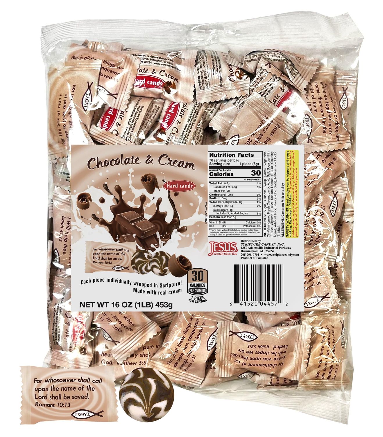 Scripture Candy, Chocolate Cream Hard Candy 1 Pound Bag, 75 Pieces