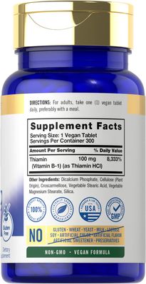 Carlyle B1 Vitamin 100mg 300 Tablets Supplement for Women Men as Thiamin HCl Vegan, Non-GMO Gluten Free