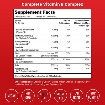 NutraChamps Vitamin B Complex for Kids, B1, B2, B3, B6, B7, B9 Methyl B12, Kids B Complex Liquid Drops Supplement, Energy, Focus, Metabolism, Natural Berry, 120 Servings, 4 Month Supply