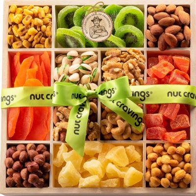 NUT CRAVINGS Mothers Day Gourmet Mom Treats - Dried Fruit Mixed Nuts Gift Basket in Reusable Wooden Tray Ribbon (12 Assortments) Food Arrangement, Healthy Snack Care Package, Kosher