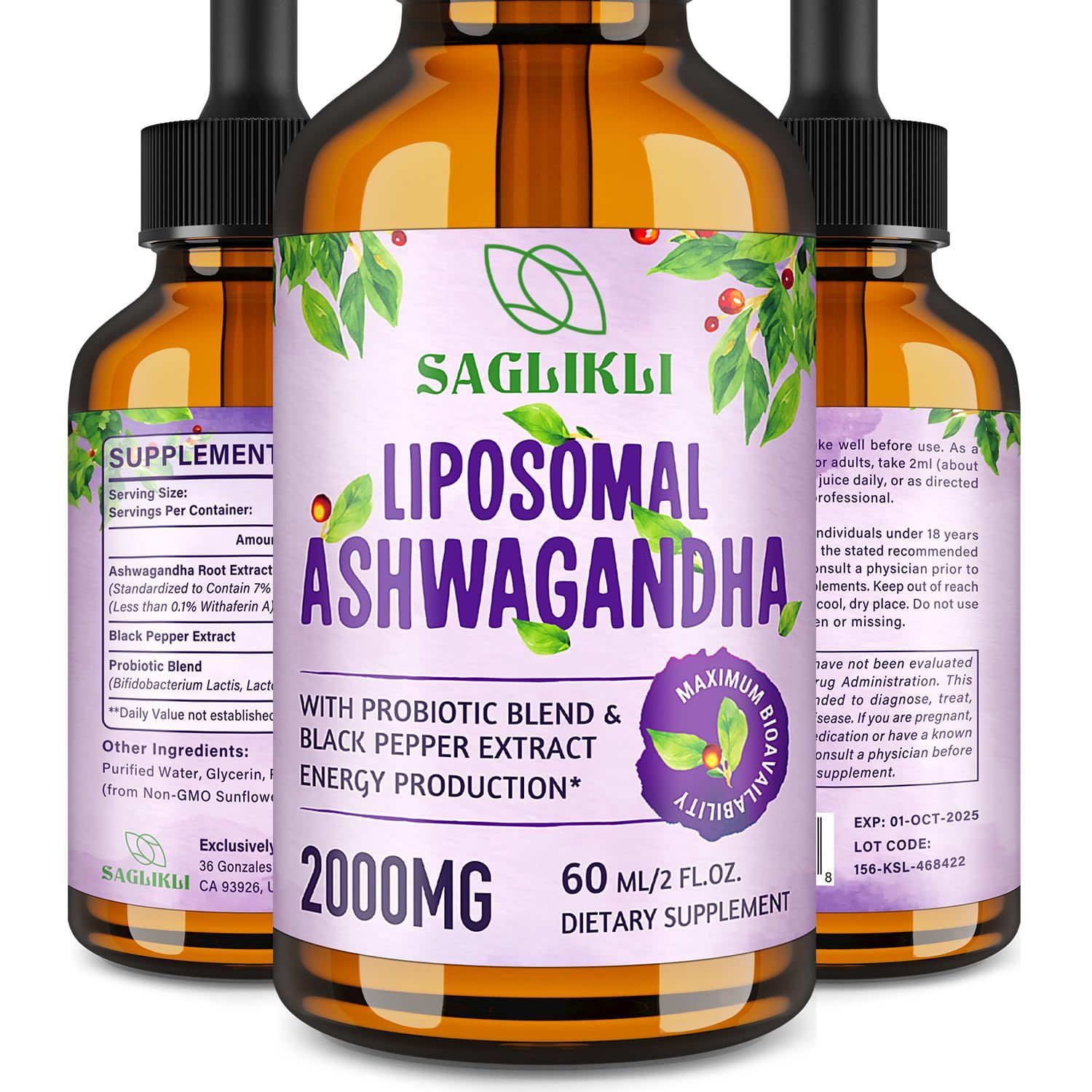 Saglikli Liposomal Ashwagandha Liquid Drops 2000mg, Ashwagandha Root Extract Supplement (7 Withanolides) with Black Pepper Extract Probiotics for Focus, Cognition Energy - 2 FL.OZ (1 Bottle)