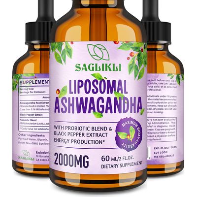 Saglikli Liposomal Ashwagandha Liquid Drops 2000mg, Ashwagandha Root Extract Supplement (7 Withanolides) with Black Pepper Extract Probiotics for Focus, Cognition Energy - 2 FL.OZ (1 Bottle)