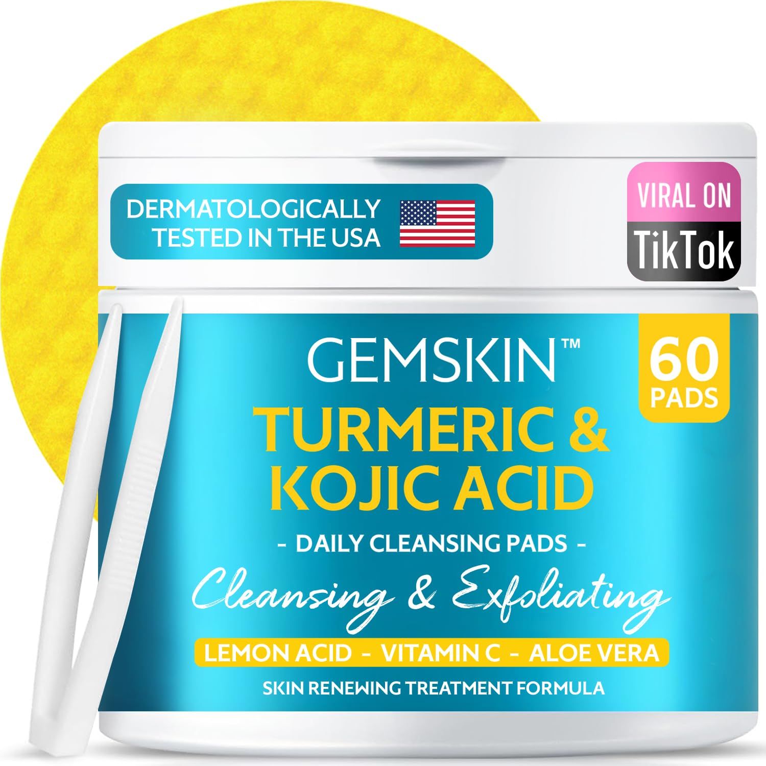 GEMSKIN Turmeric Kojic Acid Cleansing Pads - Brightening Dark Spot Remover, Deep Cleaning Pores Exfoliating Vitamin C Aloe Vera - Foaming Turmeric Face Scrub Pads For Skin Lightening - 60 Count