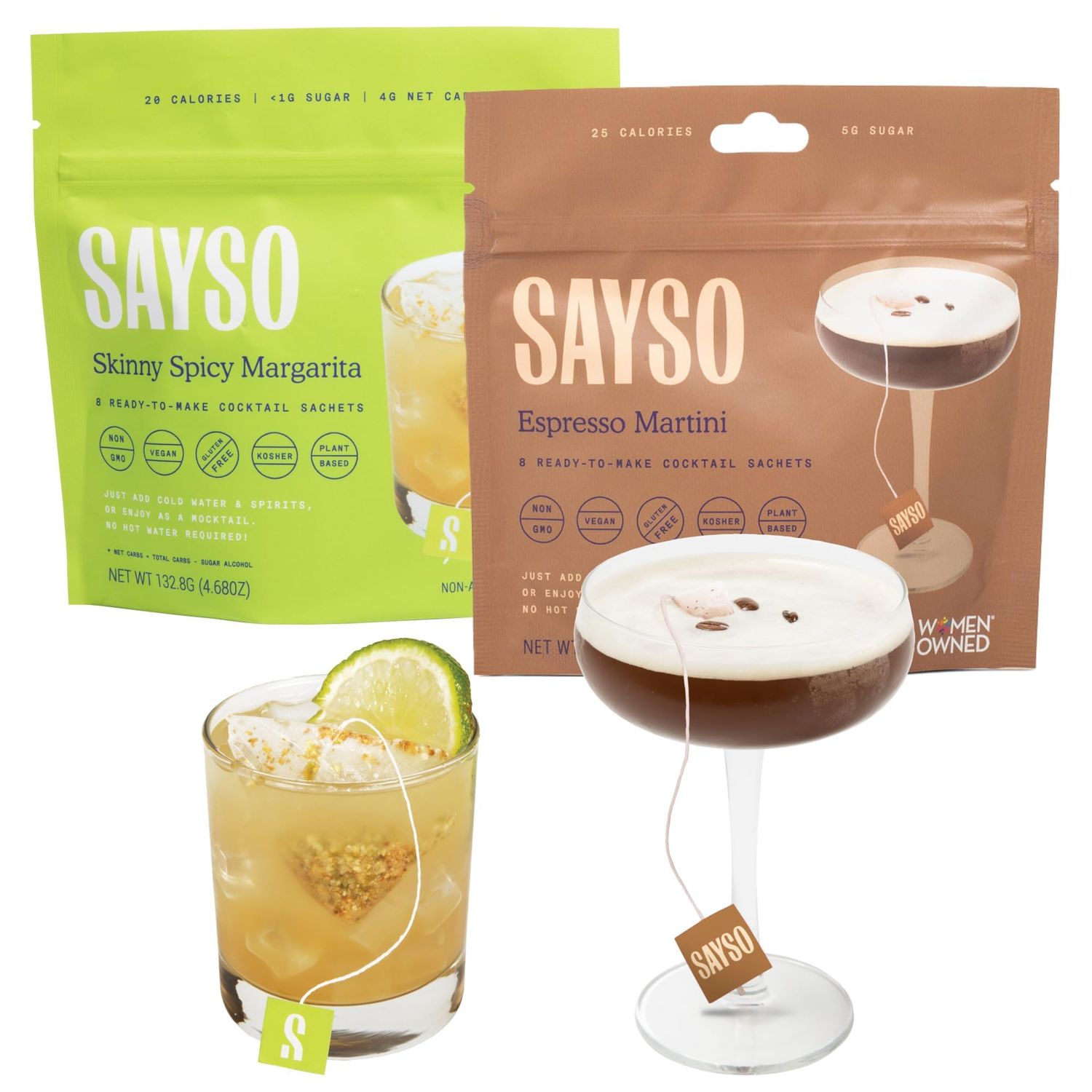 SAYSO Skinny Spicy Margarita Espresso Martini Cocktail Tea Bags - Instant Cocktail or Mocktail Mixers - No Hot Water - Professionally Crafted - Home Bar - Organic Ingredients, 16-Pack
