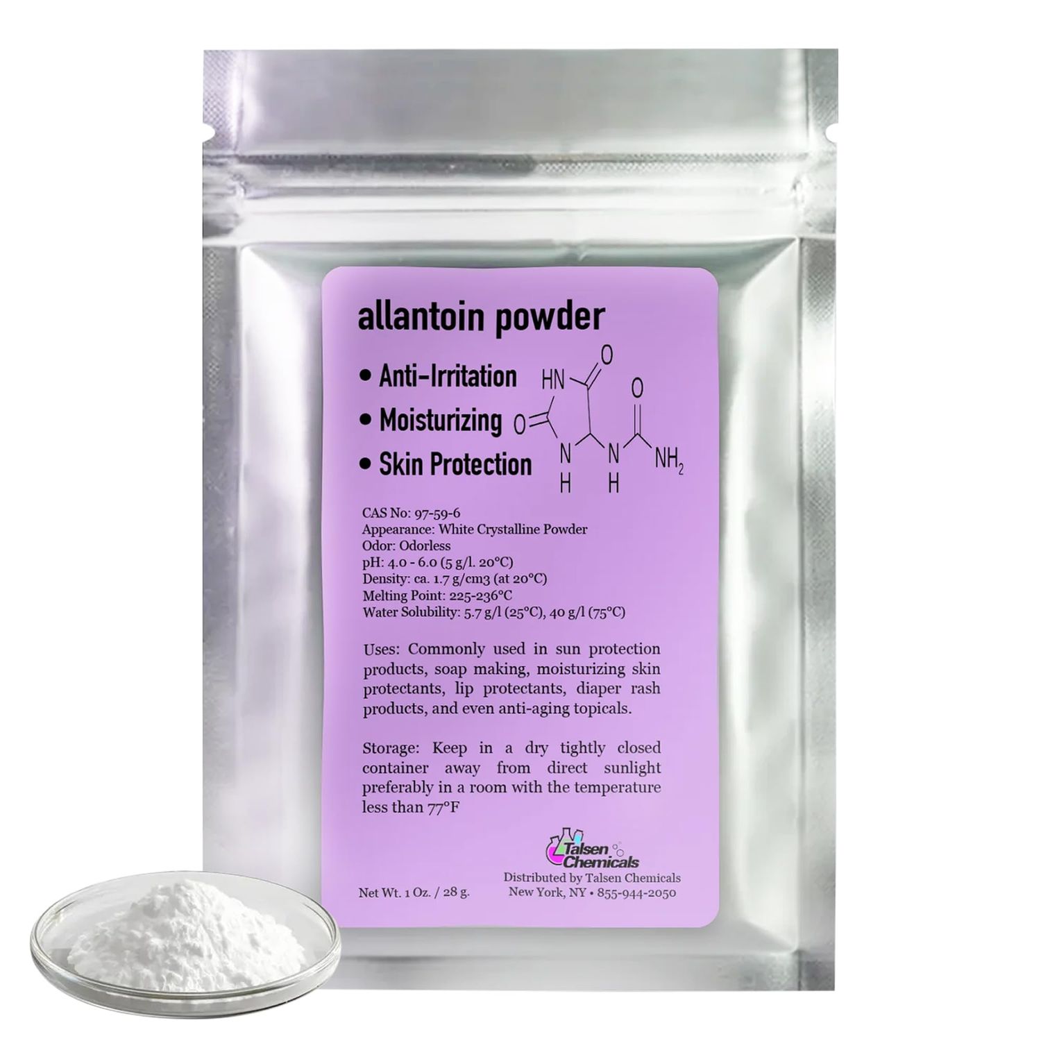 Allantoin Powder Cosmetic Grade 1 Oz 28 Grams - Organic Allintoin for DIY Emulsion Cream Lotion Skin Care - Hydrates Promotes Exfoliating Dry Skin Ideal for Skincare by Talsen Chemicals