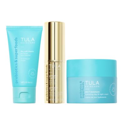 TULA Skin Care Greatest Hits Skincare Discovery Kit, Includes Gold Glow Get It Eye Balm 0.35 oz., The Cult Classic Cleanser 50ml, 24-7 Moisture Hydrating Day Night Cream 15ml, 3-Piece Kit