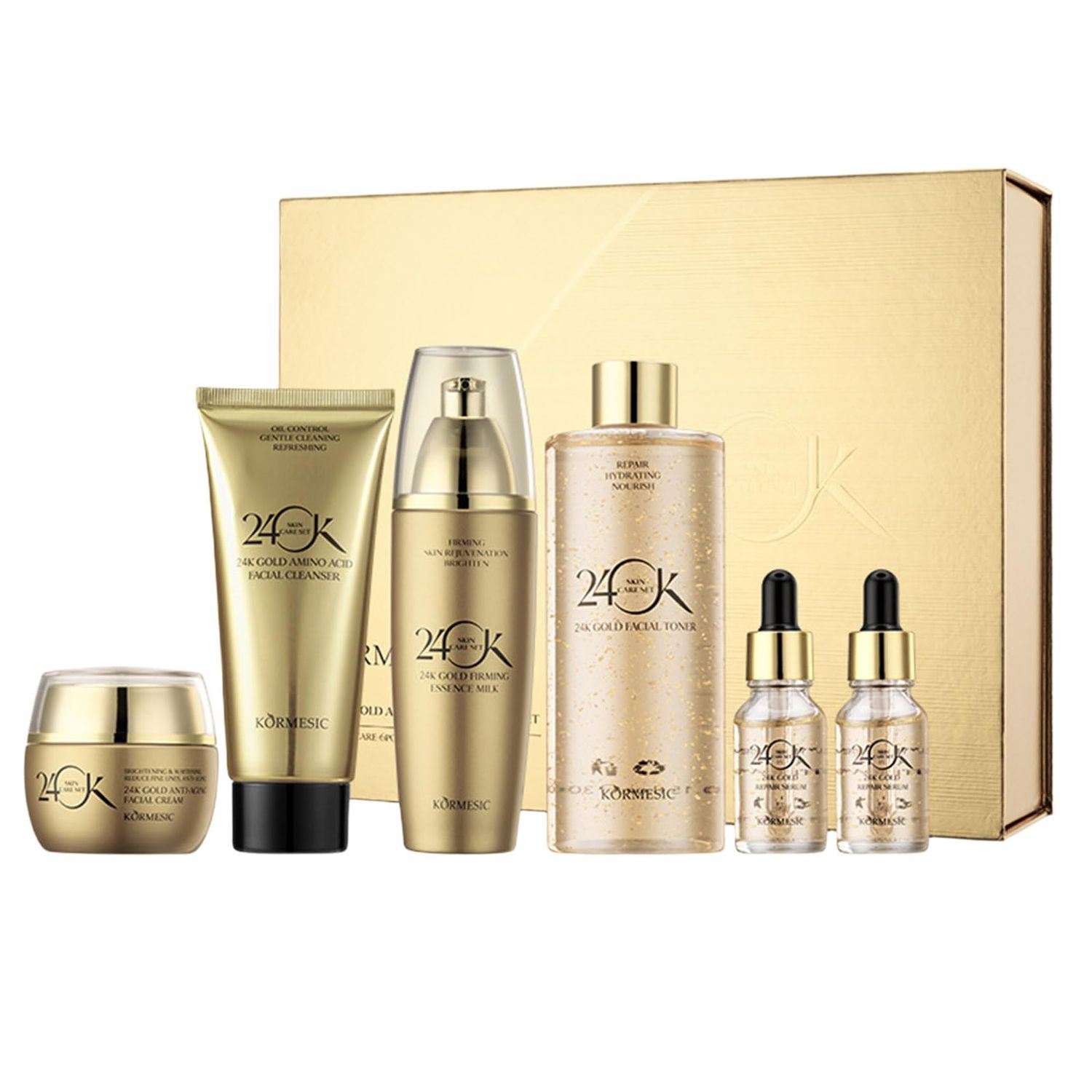 24K Gold Skin Care Set 6-Piece Collection 24K Skincare Set with Facial Cleanser, Face Serum 2pcs, Eye Cream, Essence Milk, Toner, Anti-Aging Skin Care Kit For Women