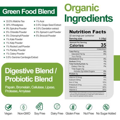 Teami Organic Super Greens Powder for Immunity Digestion, Non-GMO Greens Superfood Powder to Support Energy, 16 superfood Ingredients, Sugar-Free Veggie Powder for Juice Smoothie, 32 Servings