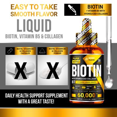 PURE RESEARCH Biotin Collagen 60,000mcg Hair Growth Liquid Drops, Supports: Strong Nails, Glowing Skin, Healthy Hair Growth, More Absorption Than Capsules Pills (4Fl Oz)