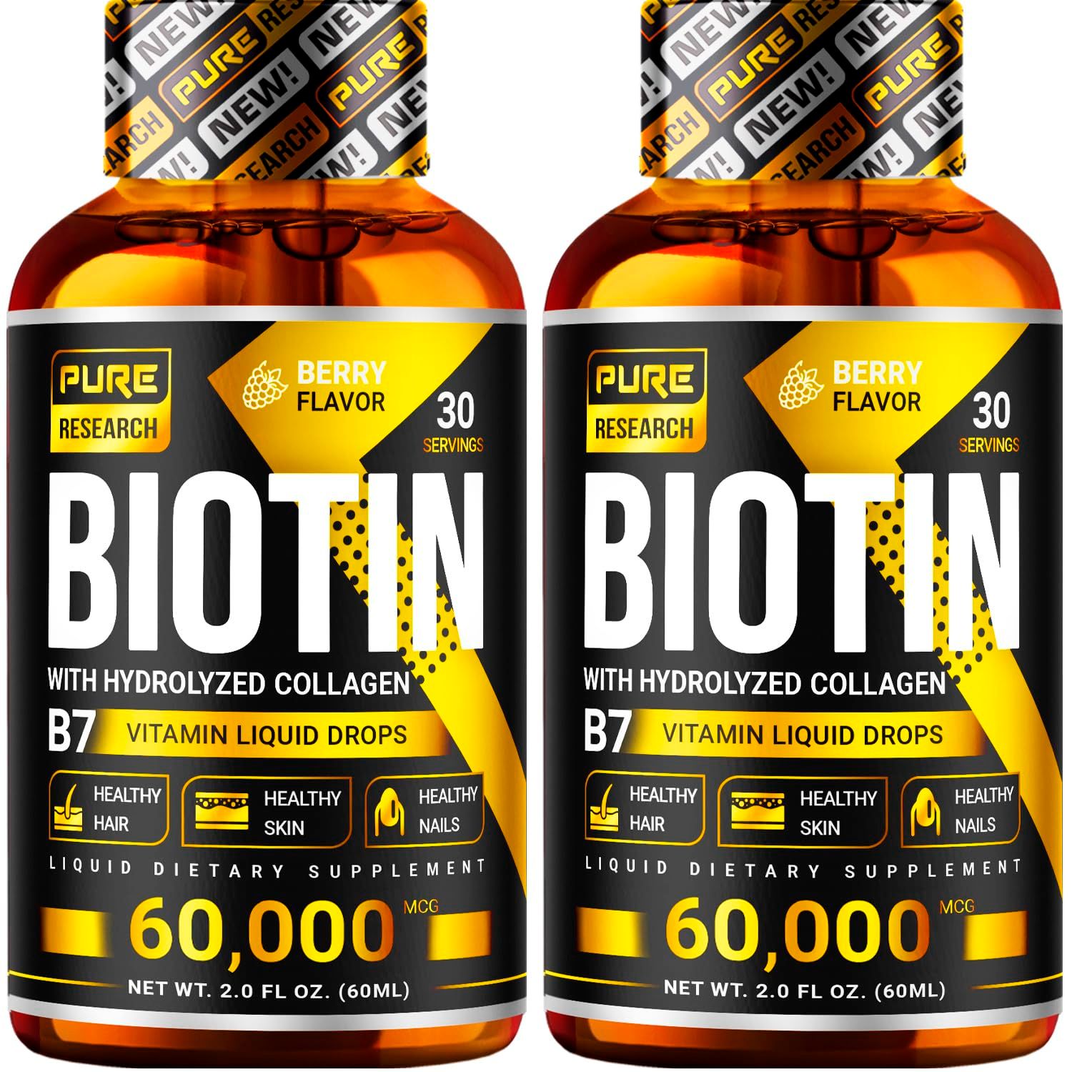 PURE RESEARCH Biotin Collagen 60,000mcg Hair Growth Liquid Drops, Supports: Strong Nails, Glowing Skin, Healthy Hair Growth, More Absorption Than Capsules Pills (4Fl Oz)