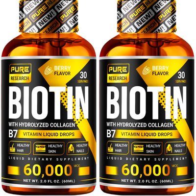 PURE RESEARCH Biotin Collagen 60,000mcg Hair Growth Liquid Drops, Supports: Strong Nails, Glowing Skin, Healthy Hair Growth, More Absorption Than Capsules Pills (4Fl Oz)