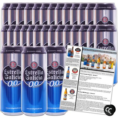 Estrella Galicia 0,0 Non-Alcoholic Beer 30 Pack, Made in Spain, 16.9ozcans, includes PhoneTablet Holder BeerPairing Recipes