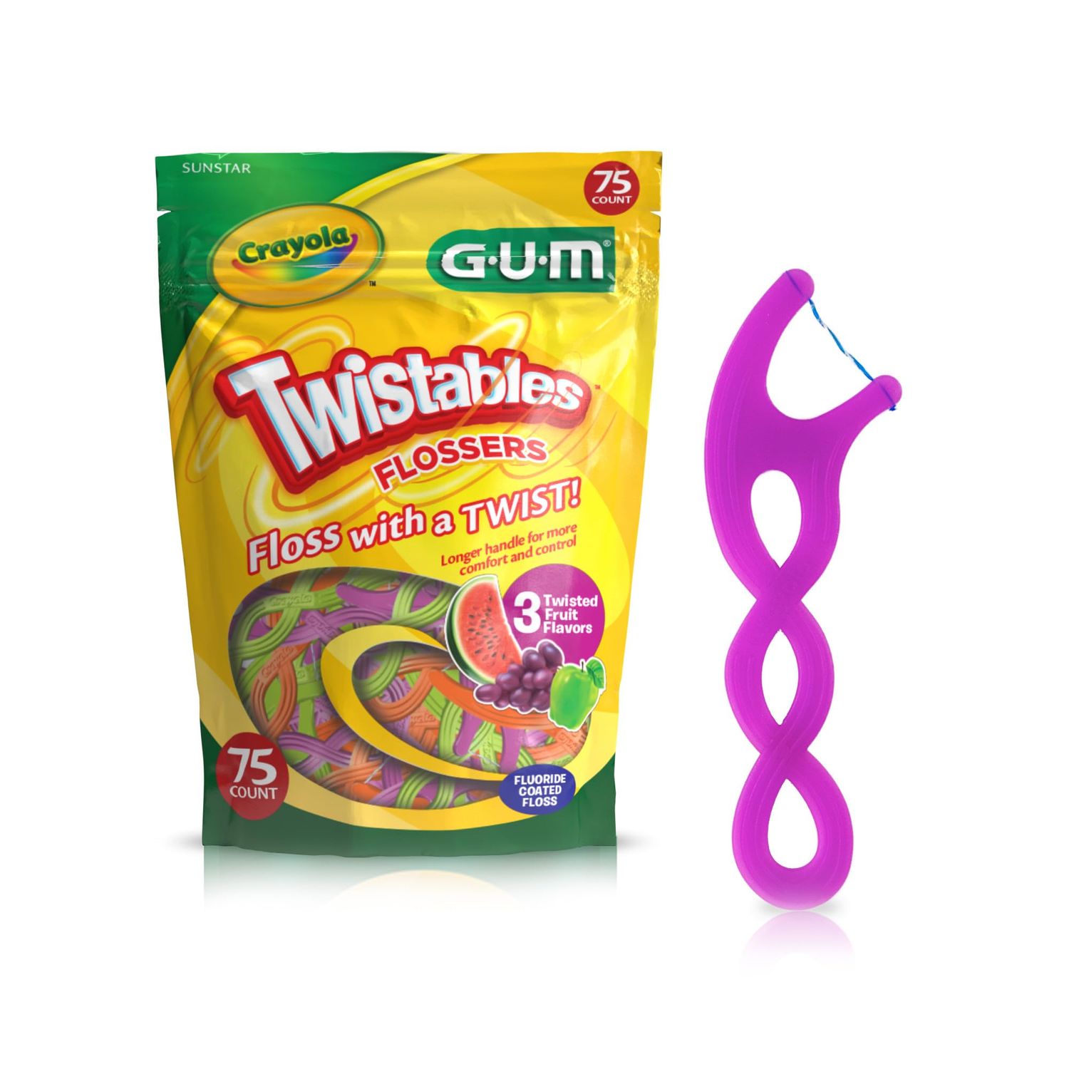 GUM Crayola Twistables Kids Flossers with Fluoride - Designed for Little Hands - Three Fun Fruit Flavors - Easy to Use Kids Floss Picks for Children Ages 3, 75 Count