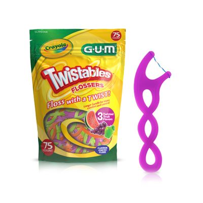 GUM Crayola Twistables Kids Flossers with Fluoride - Designed for Little Hands - Three Fun Fruit Flavors - Easy to Use Kids Floss Picks for Children Ages 3, 75 Count