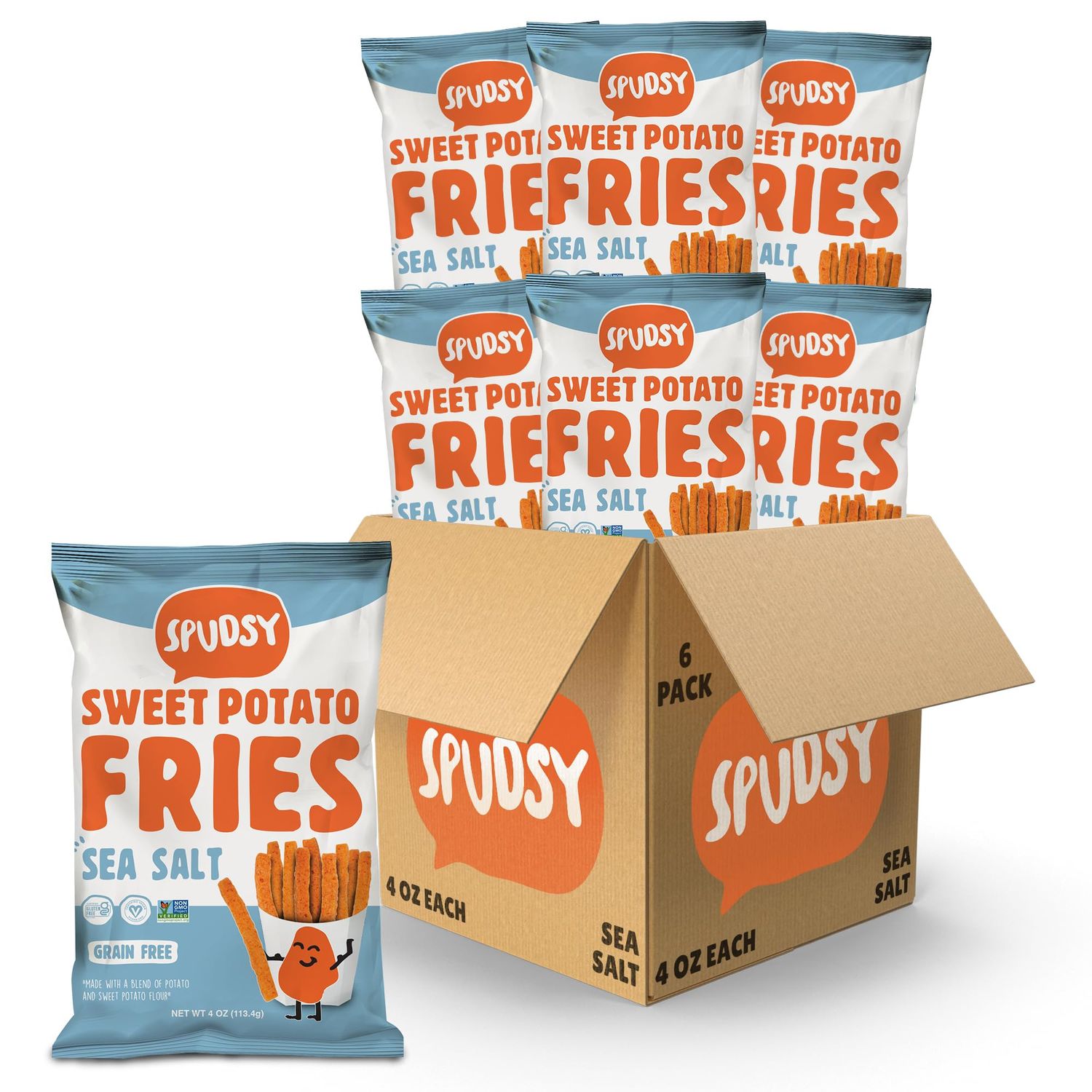 Spudsy Sea Salt Sweet Potato Fries Vegan, Gluten Free Veggie Straws Plant-Based, Allergen-free, Non-GMO, Kosher, Superfood Snack 6 Pack, 4 oz Bags