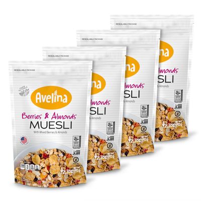 Avelina Gluten Free Muesli Berries Almonds - Healthy Oatmeal-Based Cereal - Kosher, Non-Gmo - (12.7 oz, 4-Pack)