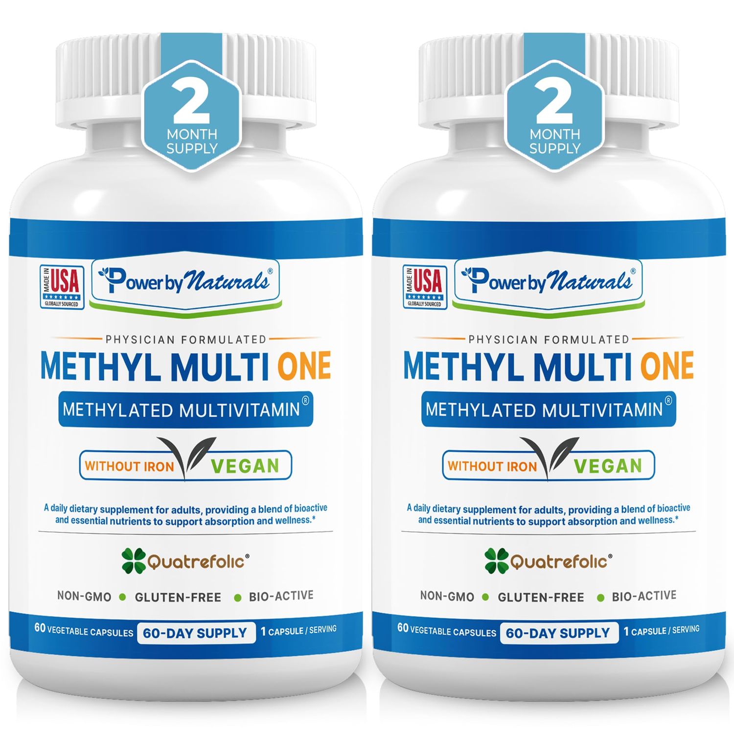 Power By Naturals Methyl Multi One - Iron-Free Methylated Multivitamin for Men Women with B12 Methylcobalamin, P5P, Folate (5-MTHF), CoQ10 Zinc for Energy MTHFR Support, 60 Capsules (2-PK)