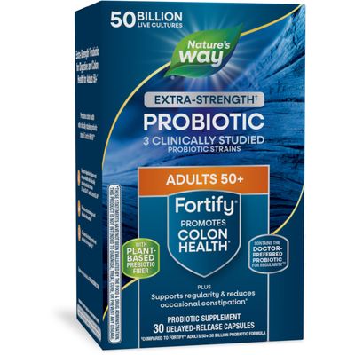 Nature s Way Fortify Extra Strength Probiotic Age 50, 50 Billion Live Cultures, 11 Strains, Prebiotics, Digestive Health, Immune Support, Colon Health, 30 Capsules (Packaging May Vary)