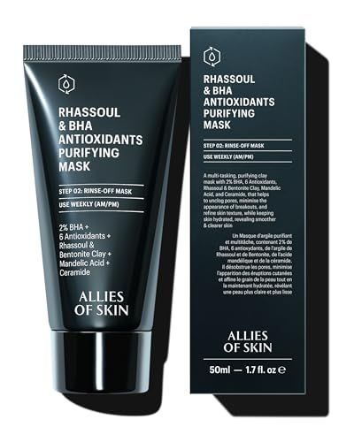 Allies of Skin 2 BHA Rhassoul Clay Face Mask Weekly Treatment to Reduce Pores and Blemishes Control Breakouts, Acne and Blackheads Hydrate and Retain Moisture (1.7 oz)
