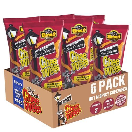 Elmer&#39;s New Orleans Chee-wee&#39;s, Authentic NOLA Hot-N-Spicy Flavor, Irresistible Crunchy Snack Delight 2 oz Bags, Pack of 6