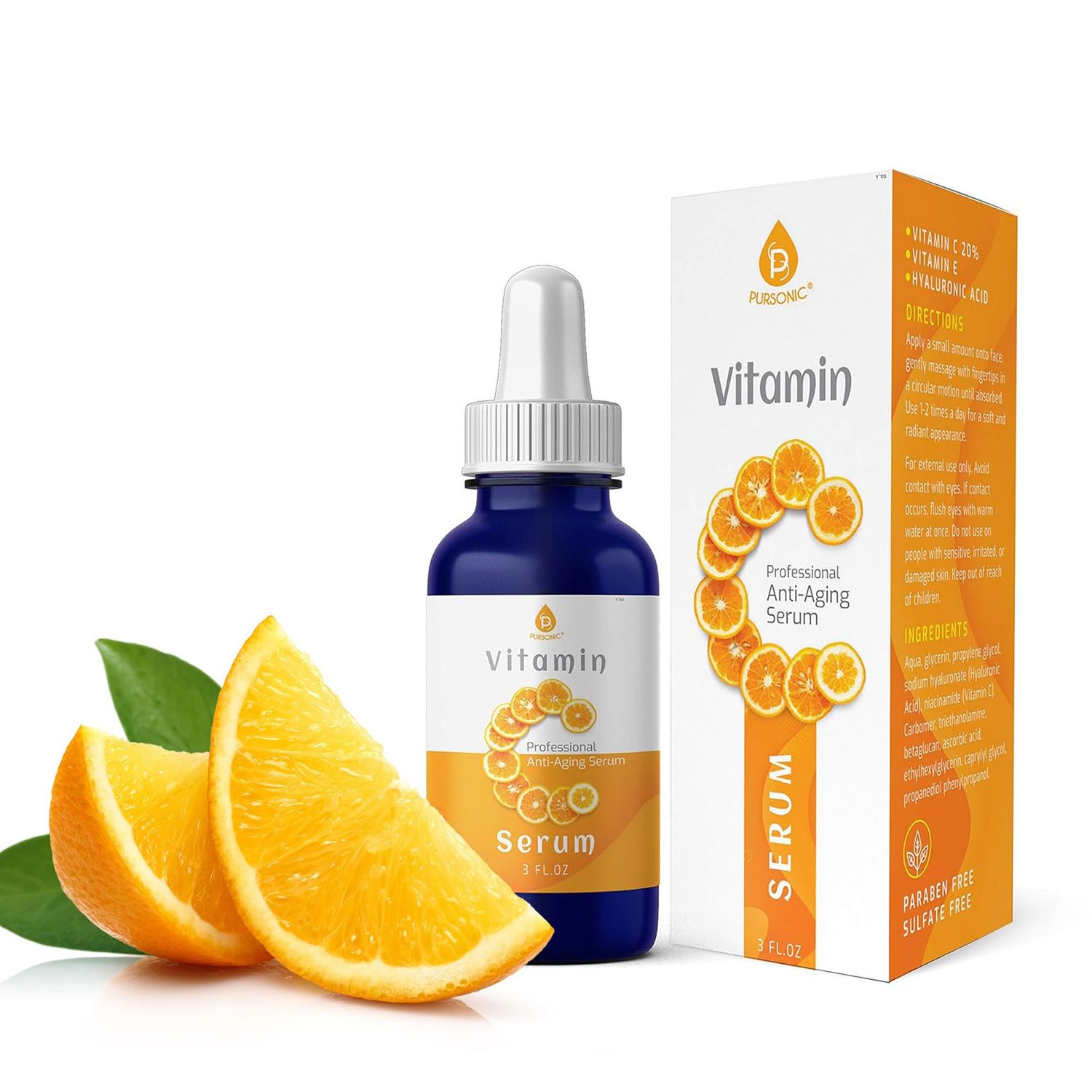 Pursonic Vitamin C Serum, 20 is a high potency Best Organic Anti-Aging Moisturizer Serum for Face, Neck D collete and Eye Treatment (3 fl. oz)
