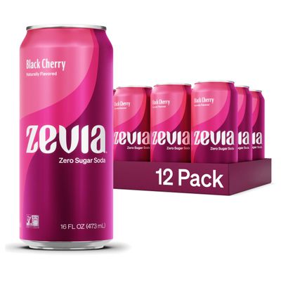 Zevia Zero Sugar Soda, Black Cherry, 16 oz Cans (12-Pack) - Naturally Sweetened, Non-GMO Project Verified, Gluten-Free, Vegan