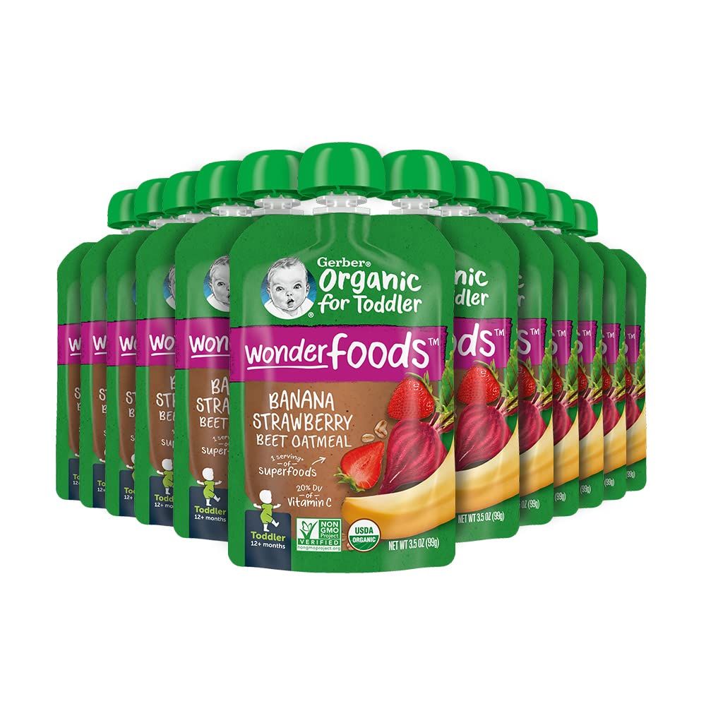 Gerber Organic Baby Food Pouches, Toddler, WonderFoods, Banana Strawberry Beet Oatmeal, 3.5 Ounce (Pack of 12)