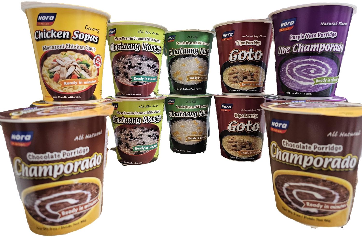 Generic Nora Pack of 12 Chocolate Champorado 2, Chicken Sopas 2, Ginataang Monggo 2, Ginataang Mais 2, Beef Goto 2, Ube Champorado Net Wt 2.6oz Each