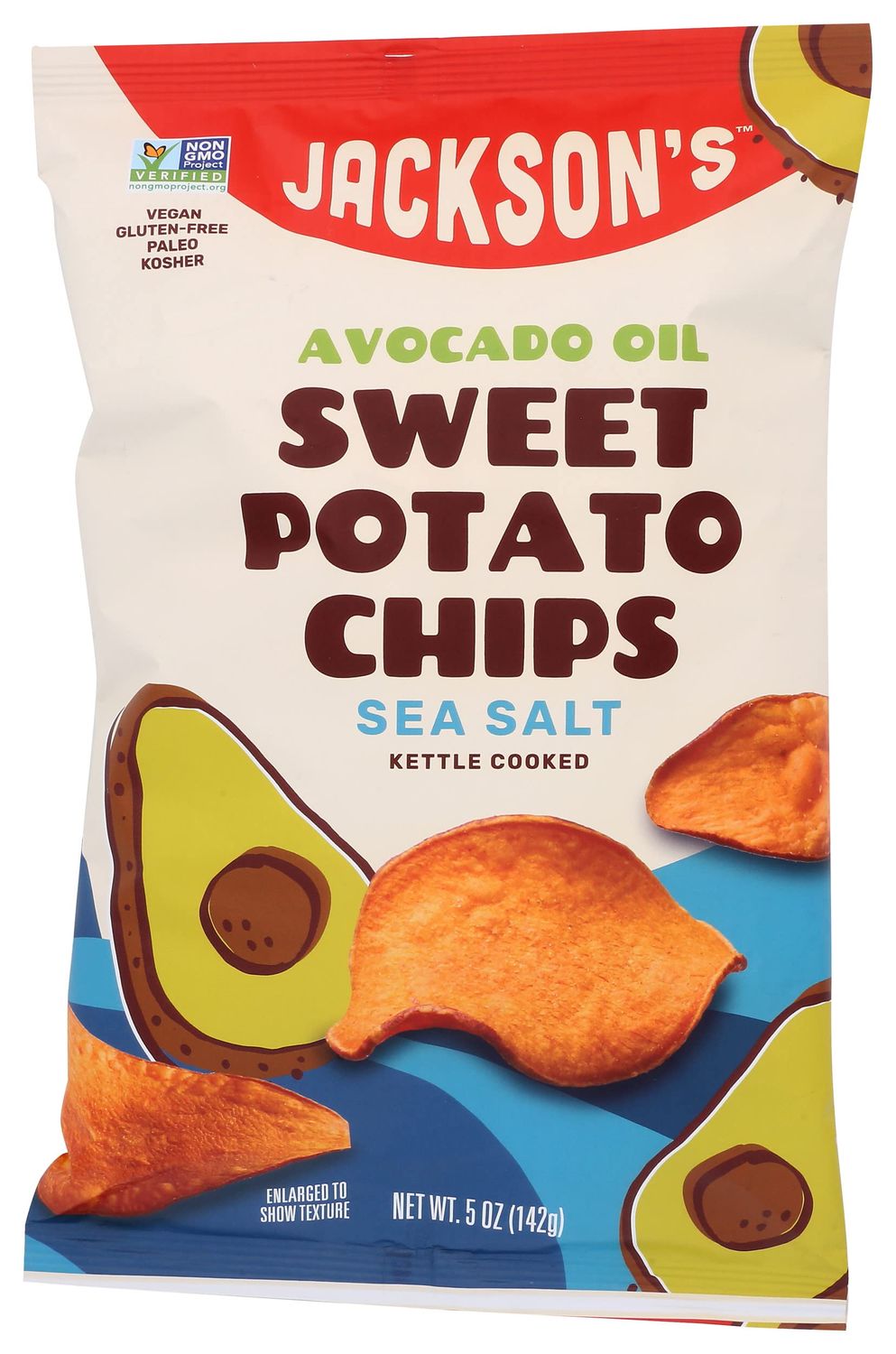Jacksons Chips Sweet Potato Chips Avocado Oil Sea Salt Flavor Kettle Cooked, Vegan, Gluten Free, Non GMO, Paleo and Kosher Friendly, 5 Ounce (Pack of 12)
