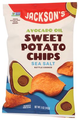 Jacksons Chips Sweet Potato Chips Avocado Oil Sea Salt Flavor Kettle Cooked, Vegan, Gluten Free, Non GMO, Paleo and Kosher Friendly, 5 Ounce (Pack of 12)
