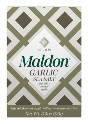 Maldon Garlic Sea Salt Flakes. Hand harvested flakes expertly blended with wild and roasted garlic for a wonderfully fragrant taste.