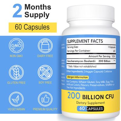 Saccharomyces Boulardii Probiotics 200 Billion CFUs, Clinically-Studied Probiotic for Women Men Yeast for Intestinal, Gut, Immune Digestive Health, Acid Resistant Shelf-Stable, 60 Days Supply