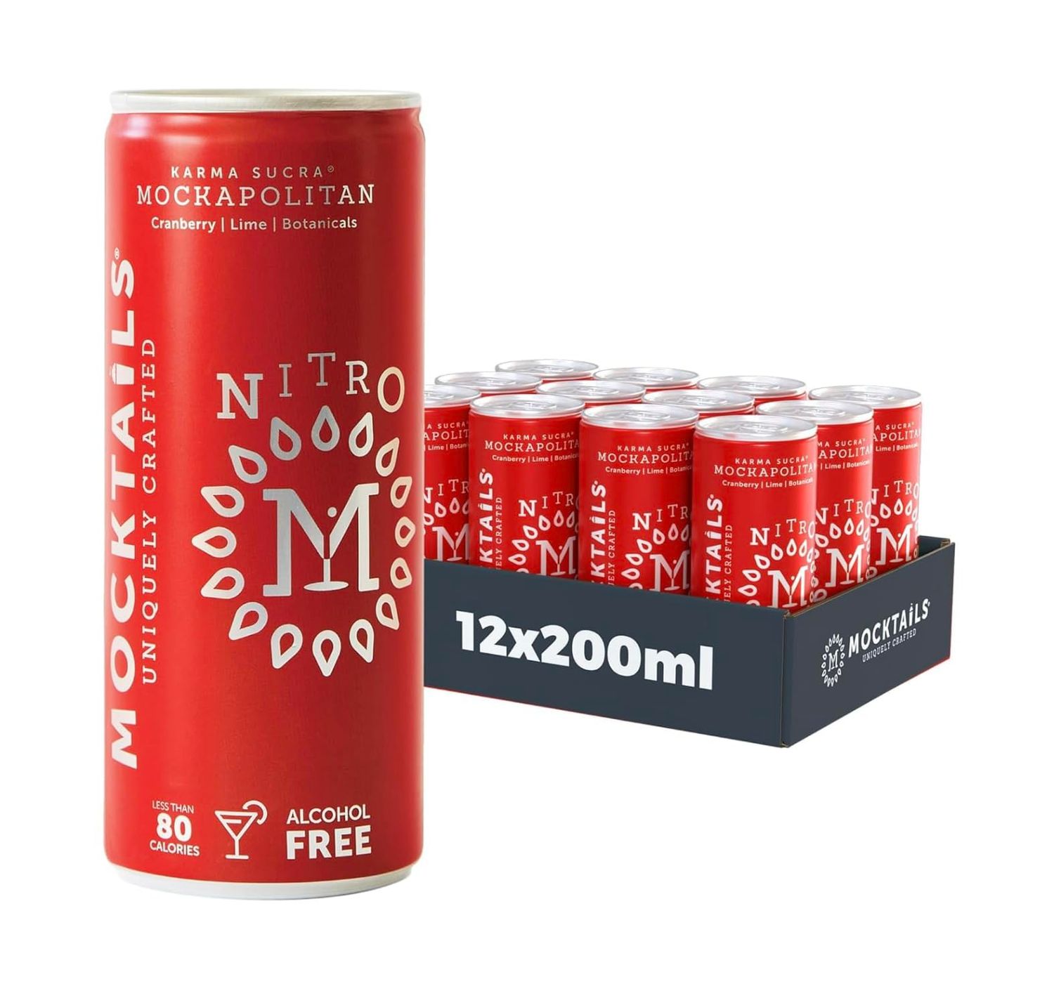 NITRO Mocktails Mockapolitan (Pack of 12) Award-Winning Non-Alcoholic Cosmopolitan Non-GMO Vegan NA Drinks Low Calorie Alcohol Alternative Beverage Zero Proof Flavorful Canned Mocktails 12x200ml