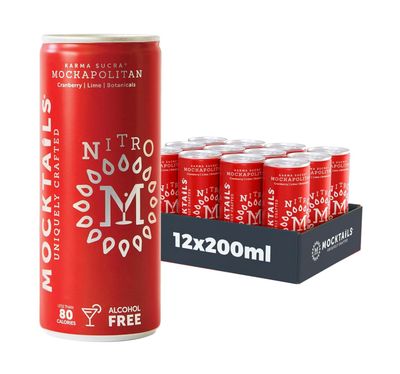 NITRO Mocktails Mockapolitan (Pack of 12) Award-Winning Non-Alcoholic Cosmopolitan Non-GMO Vegan NA Drinks Low Calorie Alcohol Alternative Beverage Zero Proof Flavorful Canned Mocktails 12x200ml