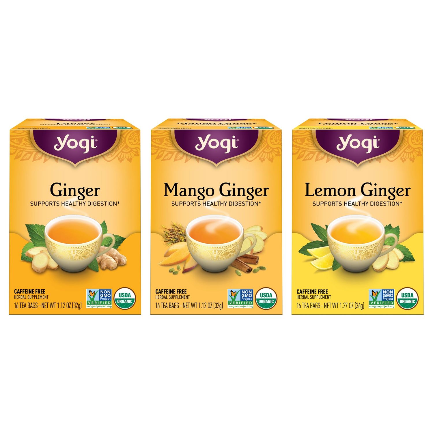 Yogi Tea Ginger Variety Sampler - 16 Bags per Pack (3 Packs) - Caffeine-Free, Organic Nausea Relief Teas - Supports Digestion - Includes Ginger, Mango Lemon Flavors