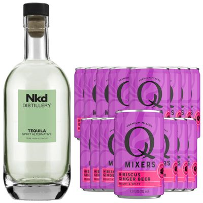 Nkd Distillery Tequila Alternative Premium Non-Alcoholic Spirit - Zero Alcohol - With Q Mixers Hibiscus Ginger Beer [ 15 Pack ]