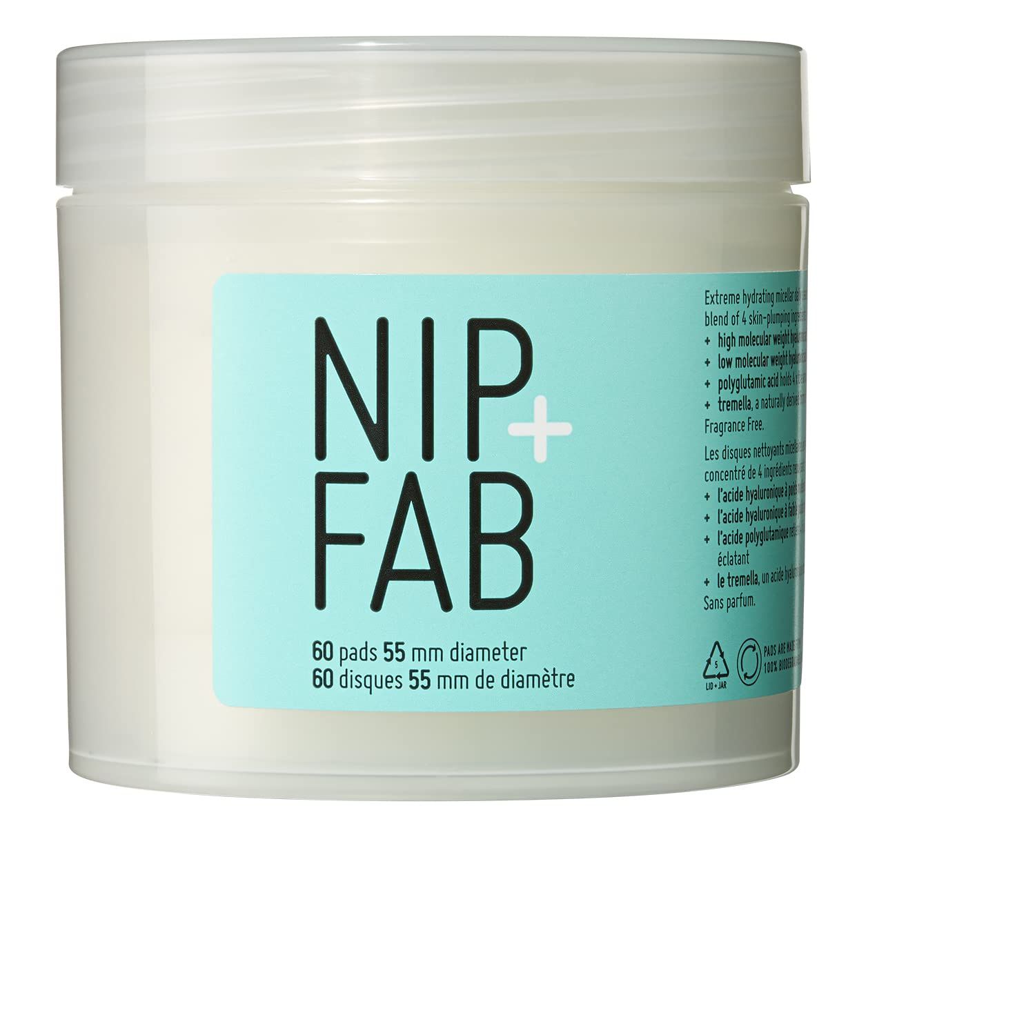 Nip Fab Hyaluronic Acid Fix Extreme 4 Micellar Cleansing Pads for Face, Lightweight and Nourishing Cleanse Solution for Makeup Removal, Skin Plumping, Hydration, Multicolor, 60 pads