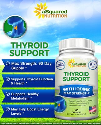 aSquared Nutrition Premium Thyroid Support Supplement with Iodine (180 Capsules) - Best Herbal Vitamin Complex Pills w B12, Ashwagandha, Bladderwrack Kelp - Helper for Healthy Hormone Energy