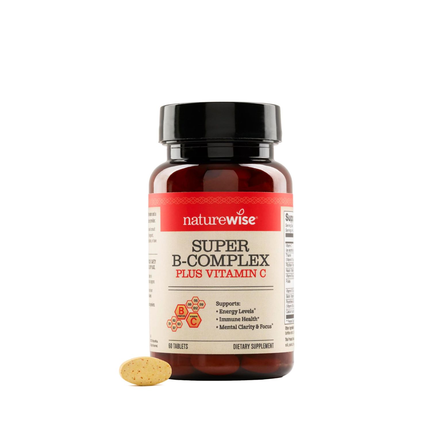 NatureWise Super Vitamin B Complex for Women and Men - with Vitamin C, Folic Acid Biotin B1 B2 B3 B6 B12 - Support Cellular Energy Mental Clarity - Vegan, Gluten Dairy Free, Non-GMO - 60 Tablets