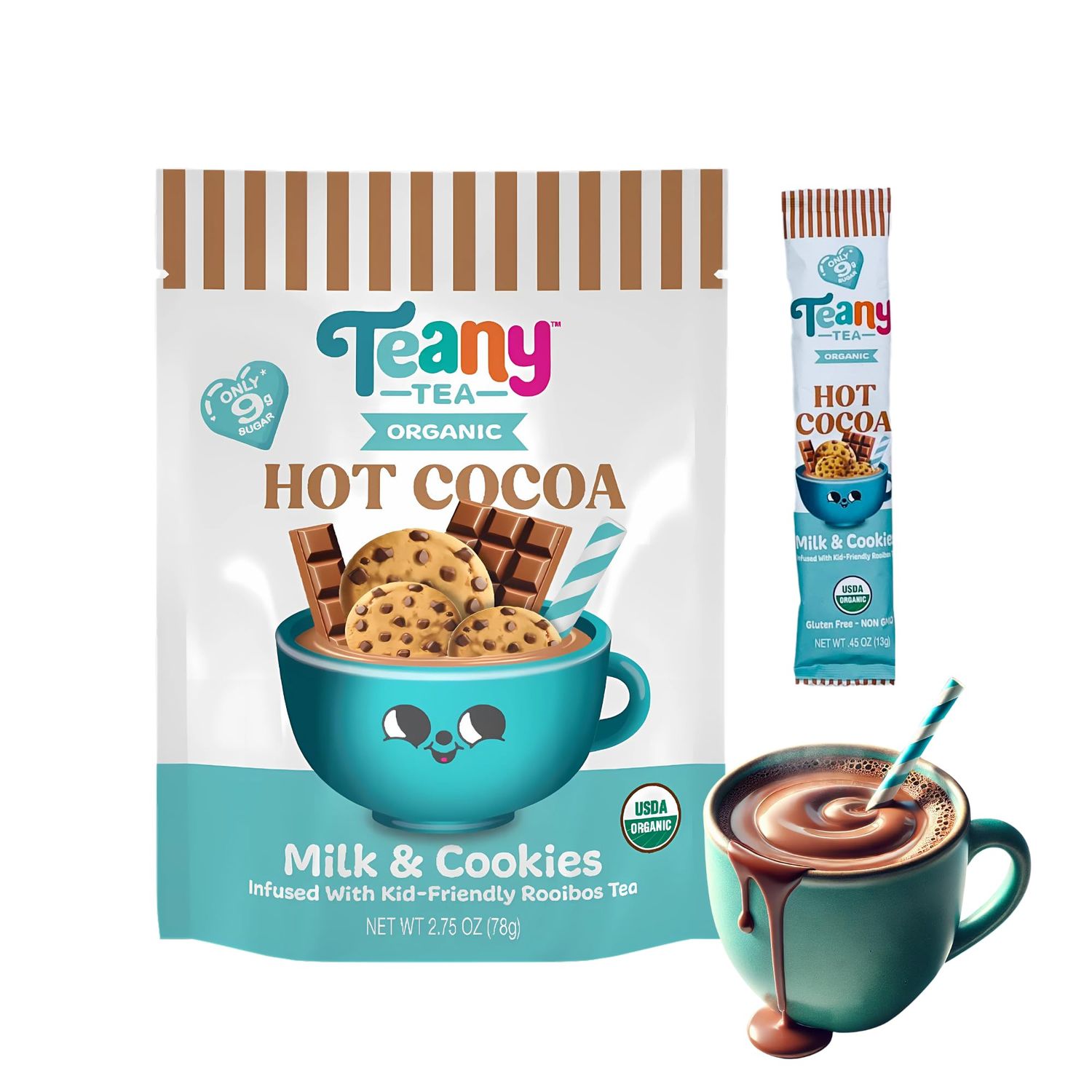 Teany Tea Organic Milk Cookies Hot Cocoa - Everyday Hot Cocoa, Delicious, Kid Friendly, Tea Infused, Bedtime Dessert, Travel Ready, Hot Cocoa On The Go, 6 Individual Sticks Per Pouch