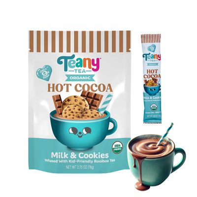 Teany Tea Organic Milk Cookies Hot Cocoa - Everyday Hot Cocoa, Delicious, Kid Friendly, Tea Infused, Bedtime Dessert, Travel Ready, Hot Cocoa On The Go, 6 Individual Sticks Per Pouch
