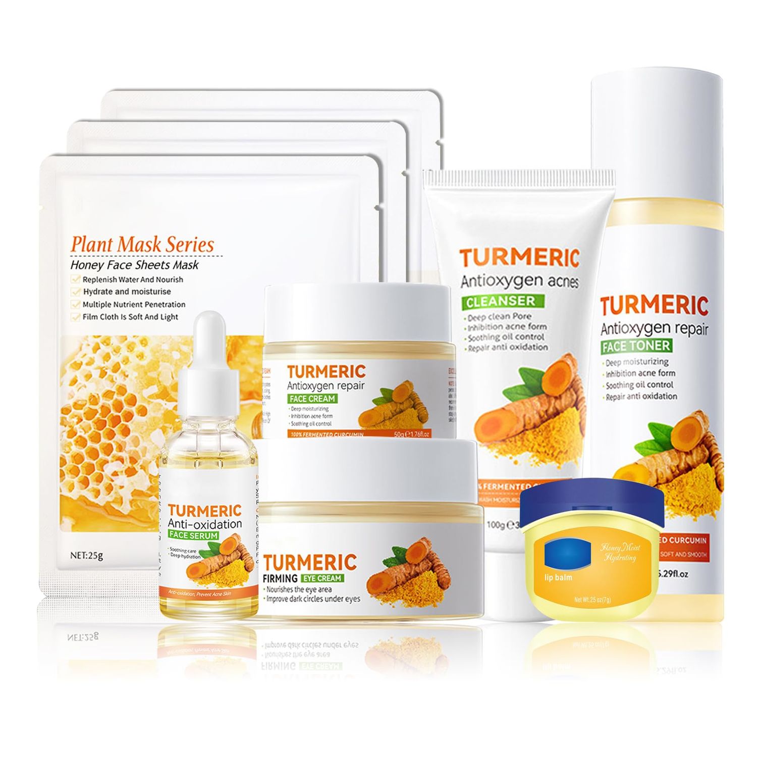 Turmeric Skin Care Set,Facial Kit with Facial Cleanser,Toner,Eye Cream,Face Serum,Honey Lip Balm,Face Cream,Lotion 3PCS Honey Mask,Travel Skincare Kit for Women (9PCS)