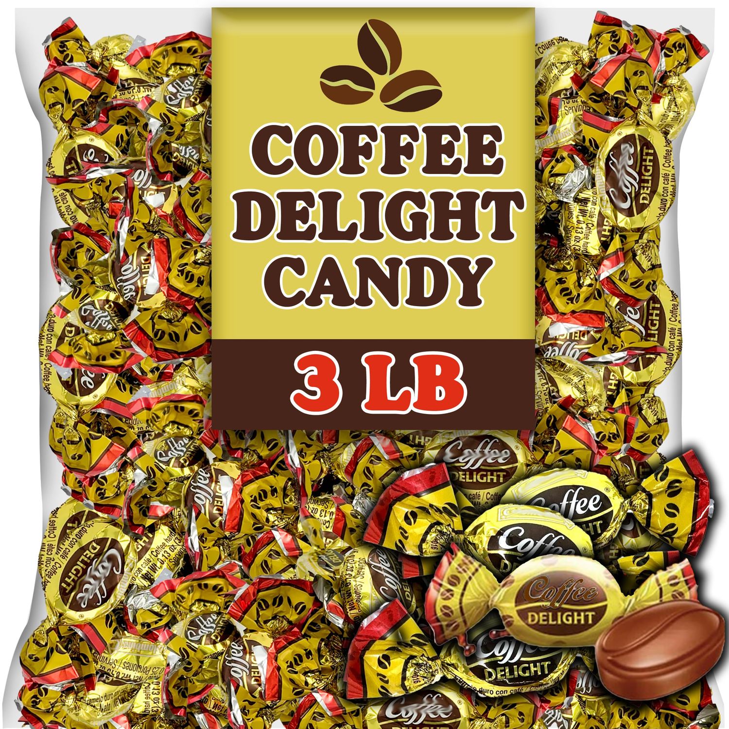 Coffee Candy Bulk, 3 Lb Coffe Delight Hard Coffee Candy, Made with Real Colombian Coffee, Individually Wrapped Coffee Flavored Candy Snack, Gluten Free Coffee Treat for Office