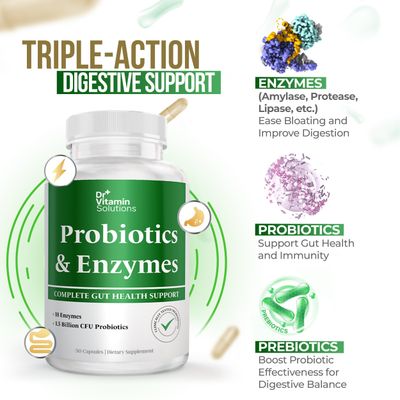 DR VITAMIN SOLUTIONS Probiotics and Multi Enzymes with Prebiotics for Digestive Health Bloating Relief for Women Men, Enzymes Probiotics for Gut Digestion - 30 Caps (1 Bottle, 30 Capsules)