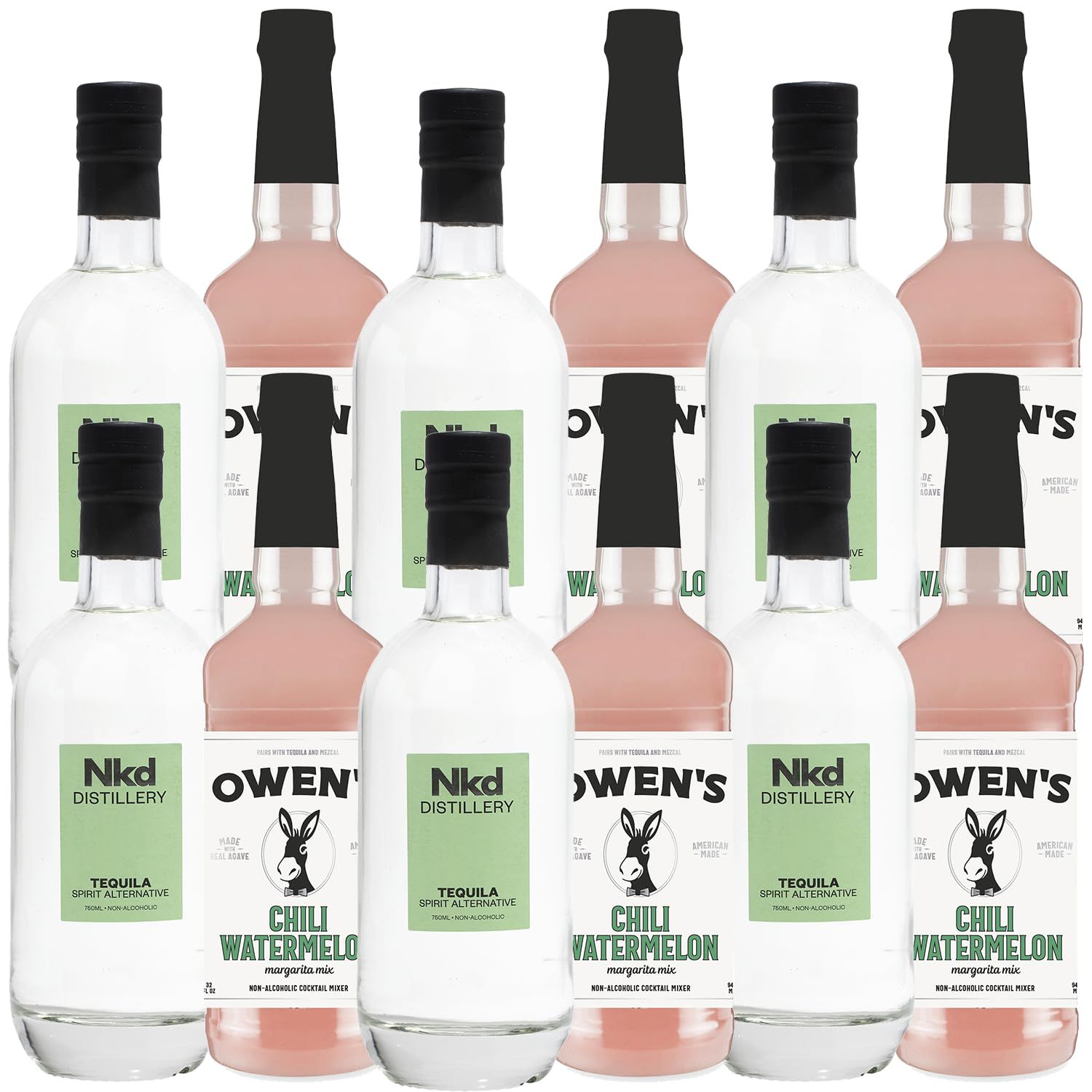 Nkd Distillery Tequila Alternative Premium Non-Alcoholic Spirit 750 ML Bottles w Owen s Mixers Chili Watermelon 32 OZ Bottles - Made in USA