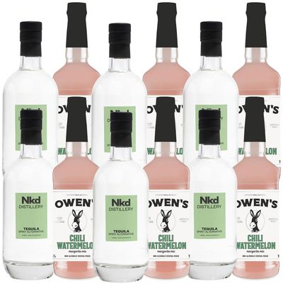 Nkd Distillery Tequila Alternative Premium Non-Alcoholic Spirit 750 ML Bottles w Owen s Mixers Chili Watermelon 32 OZ Bottles - Made in USA