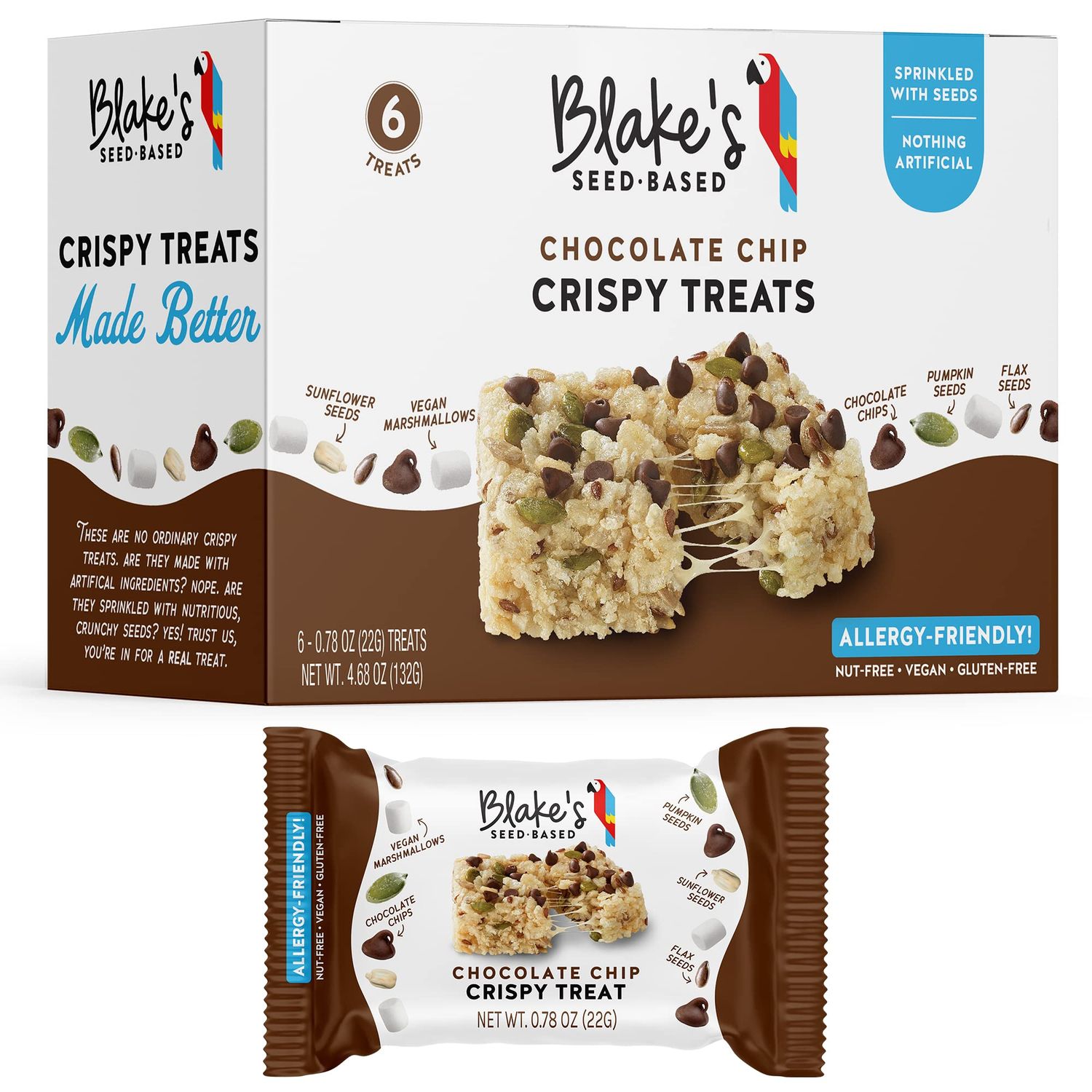Blake s Seed Based Crispy Treats - Chocolate Chip (6 Count), Nut Free, Gluten Free, Dairy Free Vegan, Healthy Snacks for Kids or Adults, School Safe, Low Calorie Organic Fruit Flavored Snack