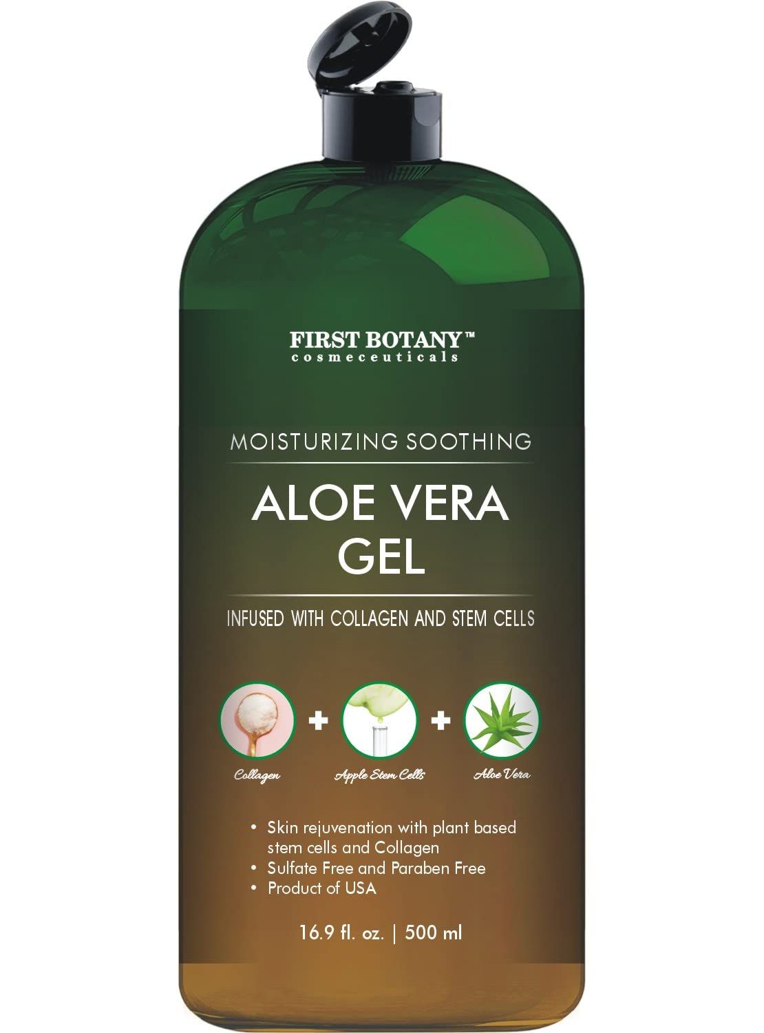 First Botany, Pure Aloe vera gel 100 Fresh Pure Aloe Infused with Stem Cells, Collagen Tea Tree Oil Natural Raw Moisturizer for Face Skin Body Hair Perfect for Sunburn, Acne, Razor Bumps 16.9 fl oz